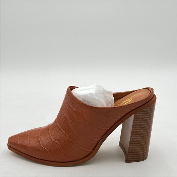 FOWT Crocodile Embossed Mules Chunky Stacked Heel Pointed Toe brown size 7 - Picture 7 of 16